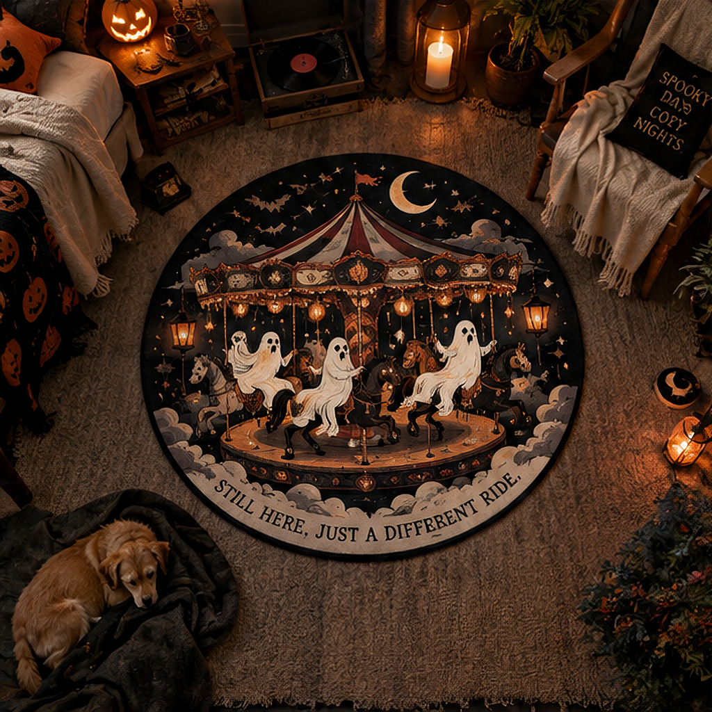 Haunted vintage carousel round velvet rug depicting ghosts riding dark spectral horses under a night sky. A banner reads "Still Here, Just A Different Ride."