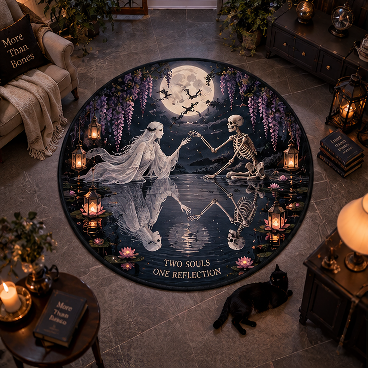 Romantic dark fantasy round rug depicting a ghost woman and a skeleton reaching out to each other over a moonlit pond surrounded by wisteria flowers. Text reads "Two Souls One Reflection".