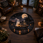 Romantic storybook Halloween rug showing a ghost and a skeleton rowing a wooden boat on a dark lake towards a moonlit castle, guided by floating lanterns.