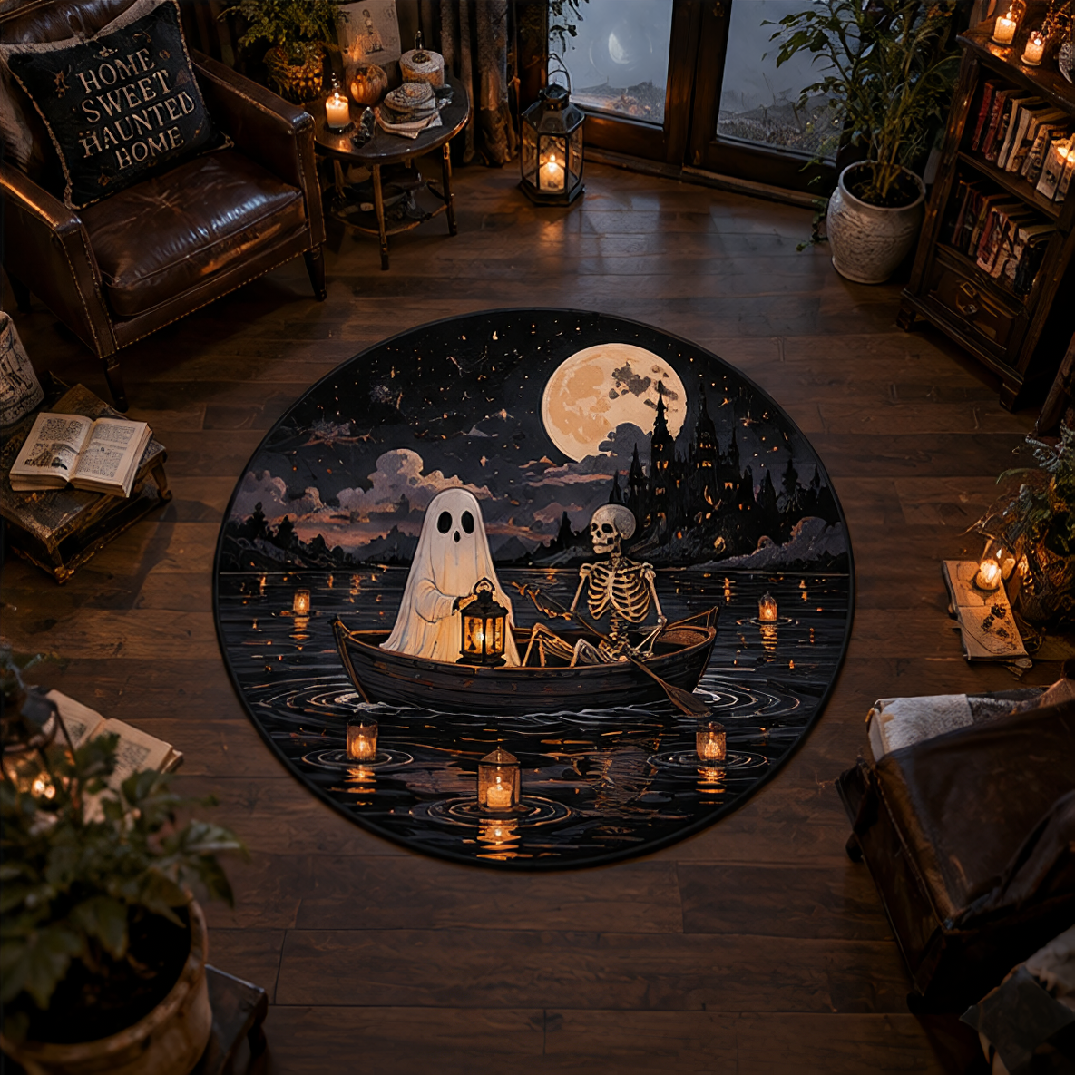 Romantic storybook Halloween rug showing a ghost and a skeleton rowing a wooden boat on a dark lake towards a moonlit castle, guided by floating lanterns.