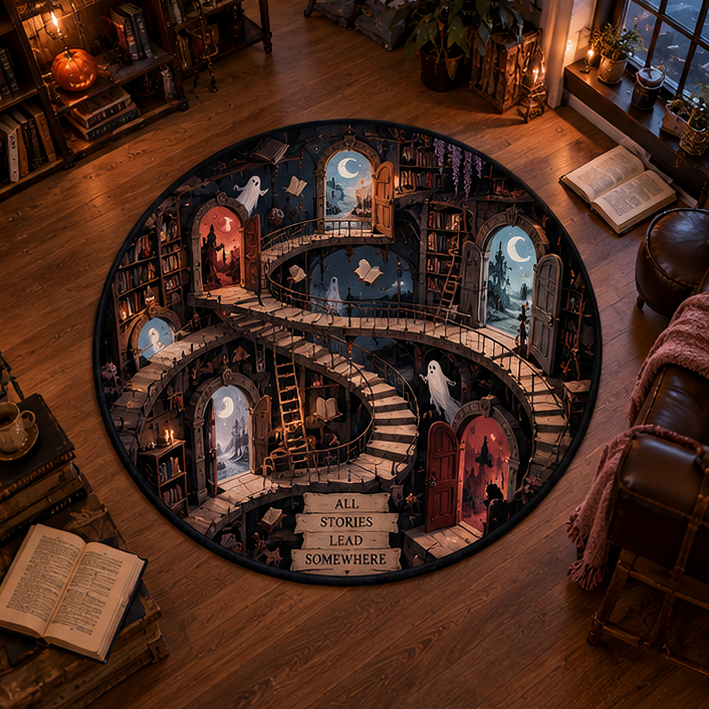 Magical 3D illusion Halloween rug featuring an infinite labyrinth of winding stairs, open doors, floating books, and wandering ghosts. Text reads "All Stories Lead Somewhere".
