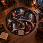 Magical 3D illusion Halloween rug featuring an infinite labyrinth of winding stairs, open doors, floating books, and wandering ghosts. Text reads "All Stories Lead Somewhere".