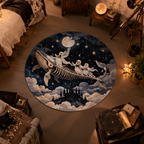 Whimsical cosmic Halloween rug depicting three cute ghosts riding a giant flying skeleton whale through a starry night sky, floating high above a dark fantasy castle in the clouds.