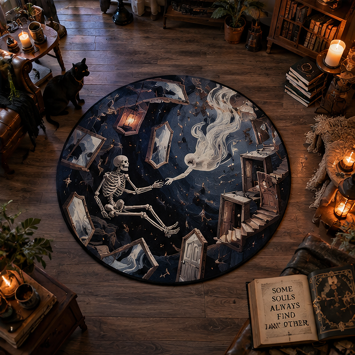 Surreal floating dimension dark fantasy rug showing a skeleton and a ghost reaching out to touch hands among floating mirrors, vintage doors, and stairs in a dark starry void.