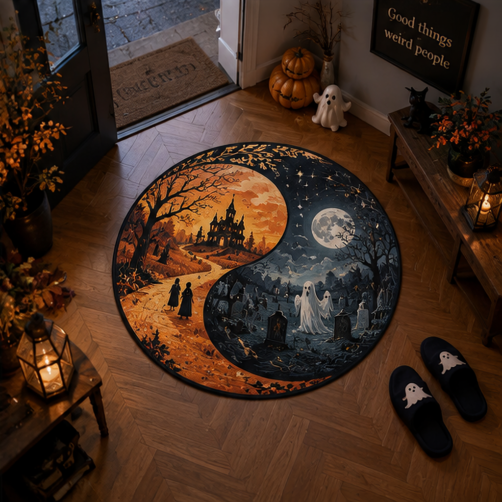 Yin-yang style split dimension Halloween rug. The left side shows a warm autumn path to a castle; the right side is a dark blue graveyard with a ghost and tombstones.